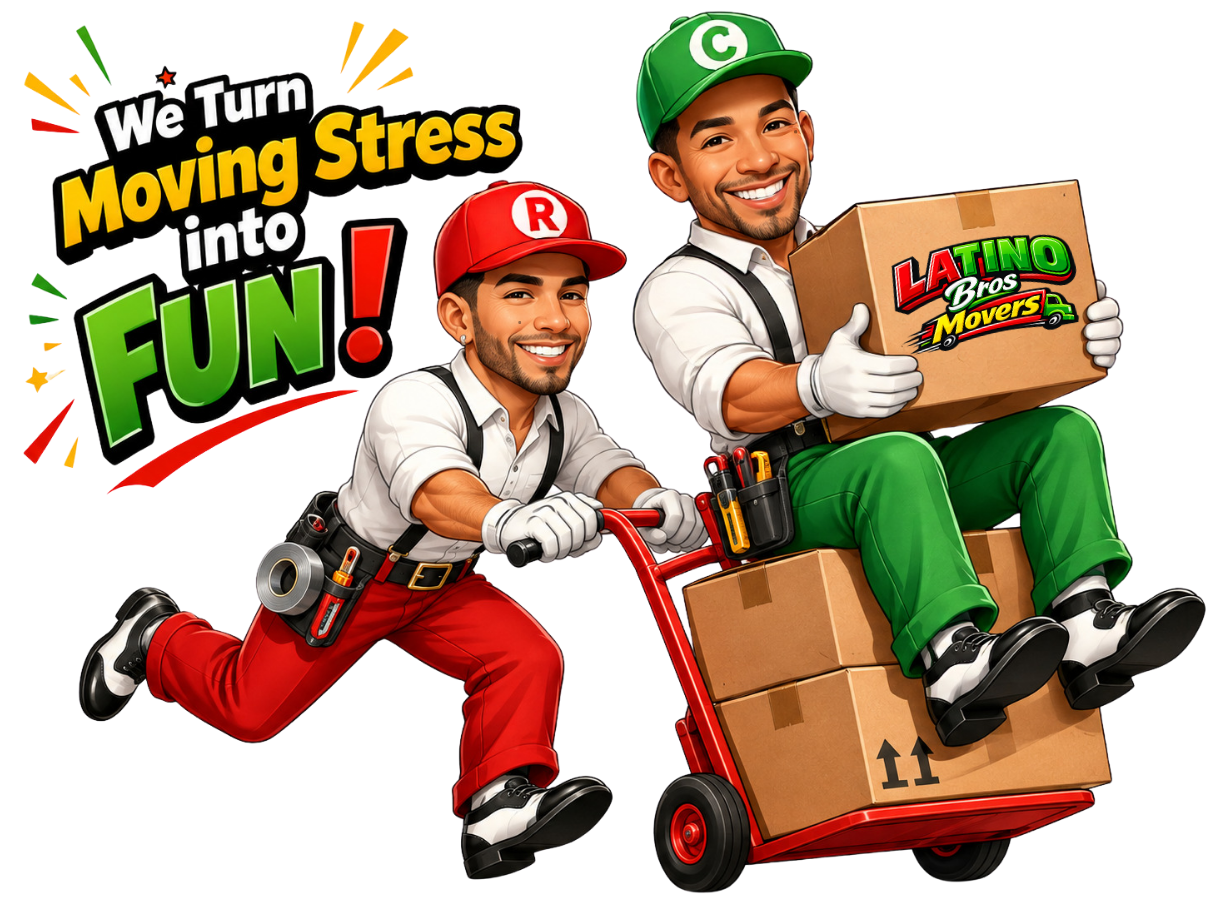 Latino Bros Movers characters pushing a hand truck loaded with boxes, We Turn Moving Stress Into FUN!